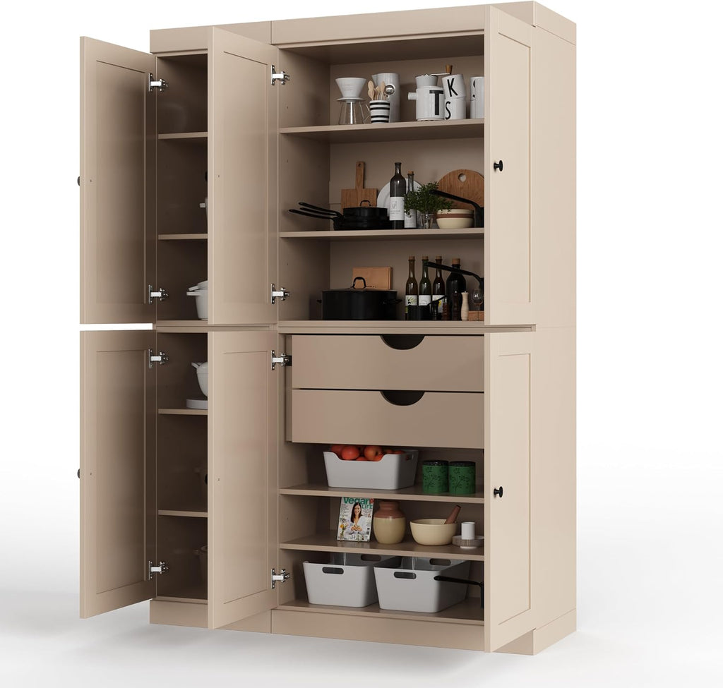 Palace Imports Solid Wood Kitchen Pantry Cabinet 71.5" Tall, 48.5" Wide – Storage Cabinet w/ 6 Shaker Doors, 2 Drawers & 8 Adjustable Shelves – Beige, 100% Renewable Eco-Friendly Wood, Made in Brazil