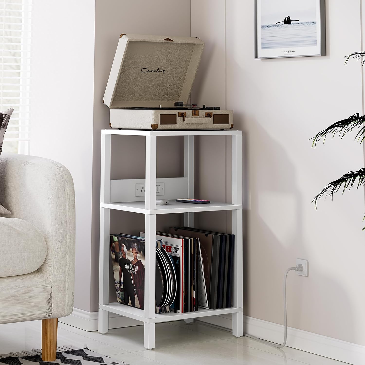 TUTOTAK Record Player Stand with Storage Up to 100 Albums | Record Storage Table, 3 Tier End Table with Charging Station, Side Table for Living Room, Bedroom, White TB01BW076