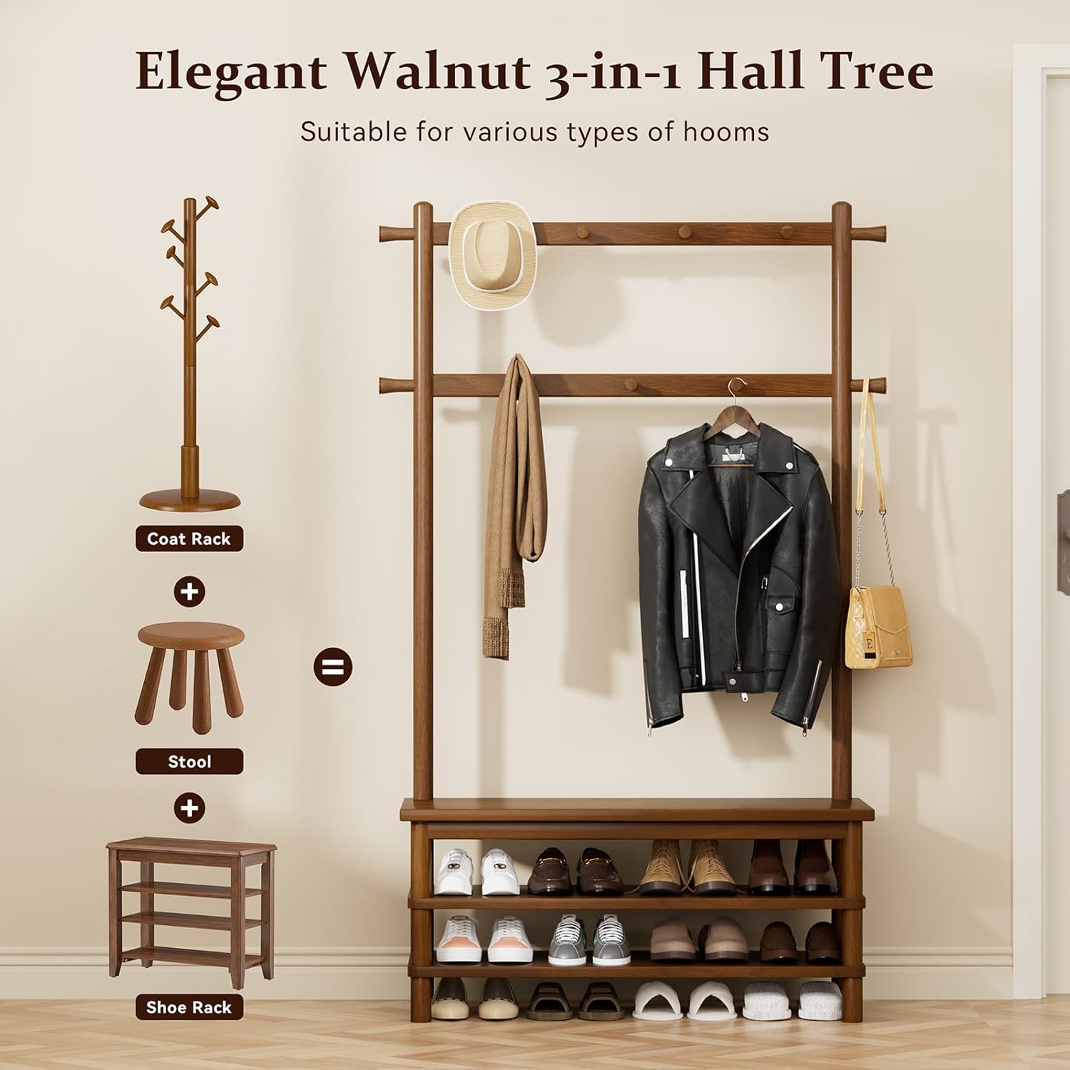 Hall Tree with Shoe Storage Bench, 3-in-1 Entryway Coat Rack with Bench, 11 Hooks, Freestanding Wooden Entryway Organizer for Mudroom, 35" Long
