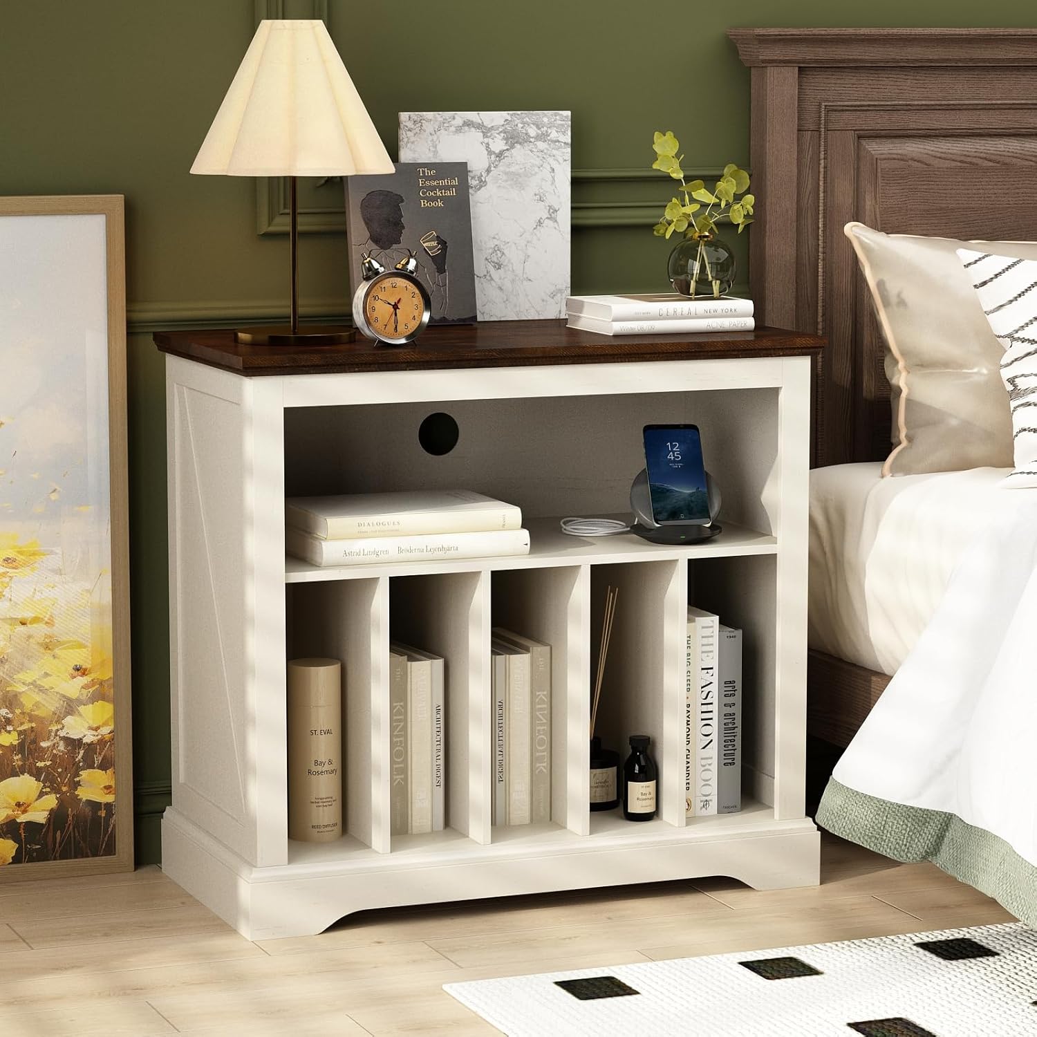 RowyPoey Large Farmhouse Record Player Stand, Turntable Stand with Vinyl Storage, Wood Record Holder Storage Cabinet Dispaly Shelf for Living Room, Bedroom, Office, Antique White