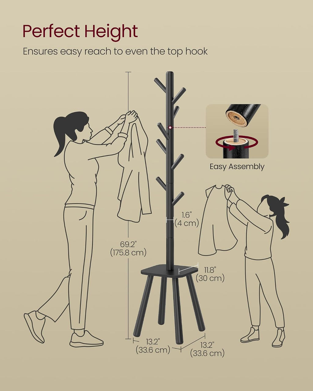 VASAGLE Coat Rack, Free Standing Coat Stand, Hall Coat Tree with 8 Hooks and Storage Shelf, 69.2 Inch Tall, for Coats, Hats, Bags, for Entryway, Hallway, Bedroom, Ink Black URCR033B01