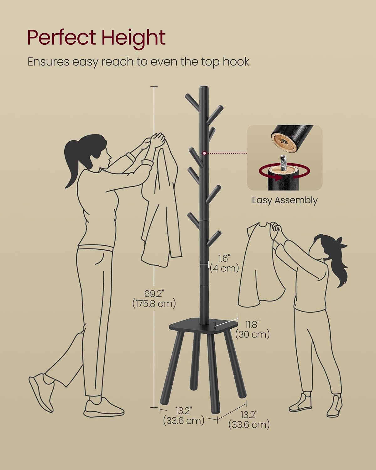 VASAGLE Coat Rack, Free Standing Coat Stand, Hall Coat Tree with 8 Hooks and Storage Shelf, 69.2 Inch Tall, for Coats, Hats, Bags, for Entryway, Hallway, Bedroom, Ink Black URCR033B01