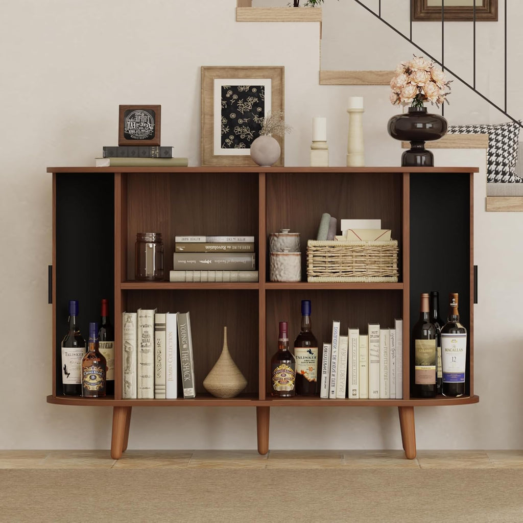 47" Buffet Cabinet,Sideboard Buffet Cabinet with Storage,Sideboard Console Table with Sliding Door & Adjustable Shelf,Curved Edge Sideboard Cabinet for Living Room, Kitchen(Walnut)