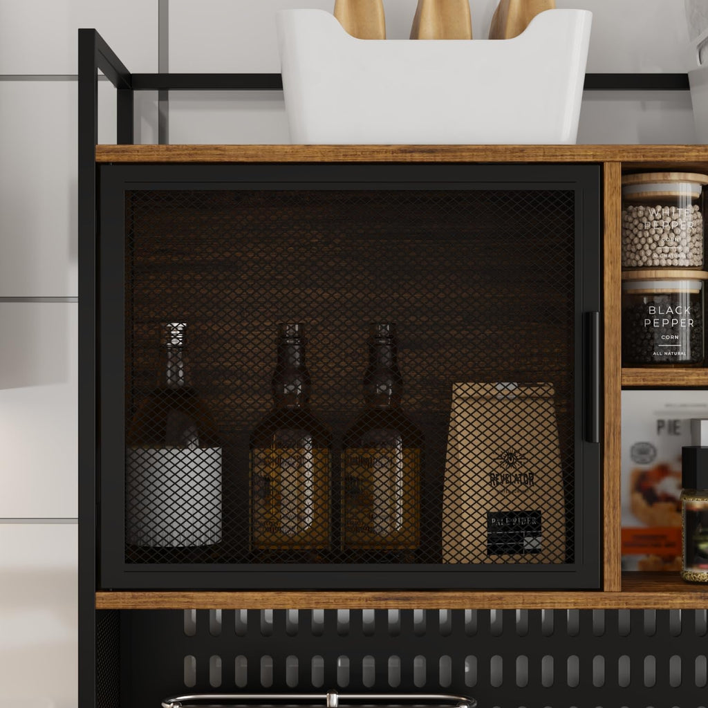 AIEGLE Large Kitchen Hutch Pantry Cabinet, Storage Kitchen Pantry in Metal Frame, Storage Cupboard with Metal Mesh Door, 6 Drawer & Microwave Shelf, for Kitchen Living Room, Brown 70.9" Wide
