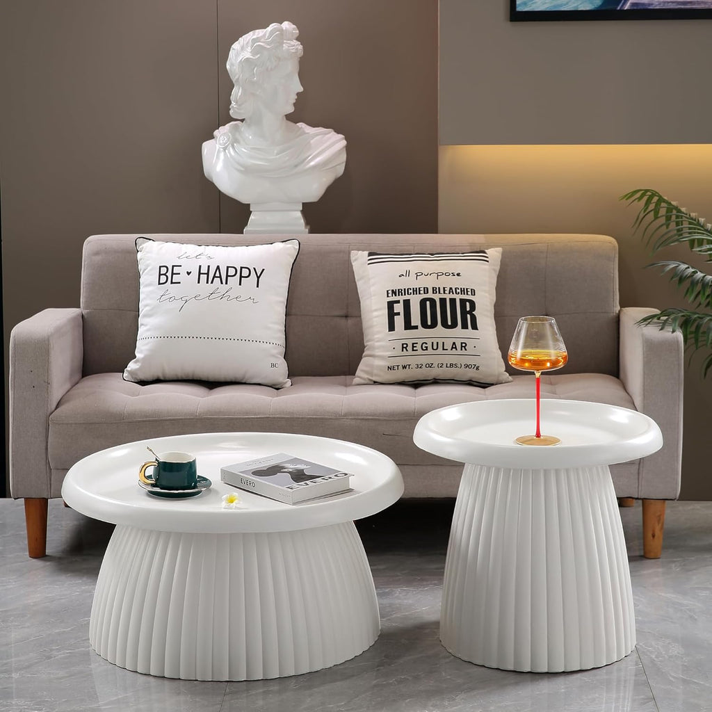 Henf 19.69" Round End Table for Indoor Outdoor, Fluted Pedestal Base, Magnesium Oxide, Waterproof, Unique Design MGO Accent Side Table Night Stand Bedside Table for Living Room Bedroom, White