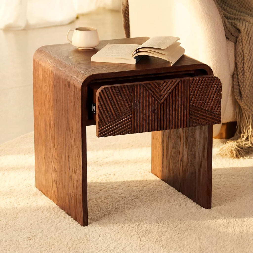 Vista End Table White Oak Side Table with Sculpted Slat Detail, Modern Small Accent Table Fluted Wood Nightstand Brown Finish Sofa Side Table for Living Room, Bedroom