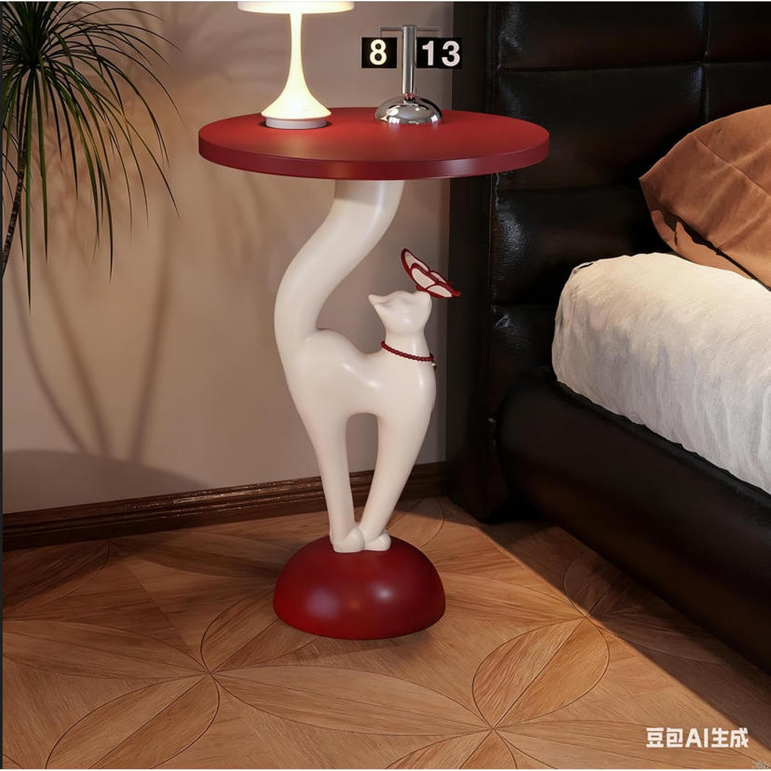 Creative Cat-Shaped Side Table,Floor-Standing Bedside Cabinet with Open Shelf,Resin Coffee Tables for Living Room,Bedroom,Balcony,Office,Hallway Home Decor Gift(35 * 35 * 50CM, Red and White)