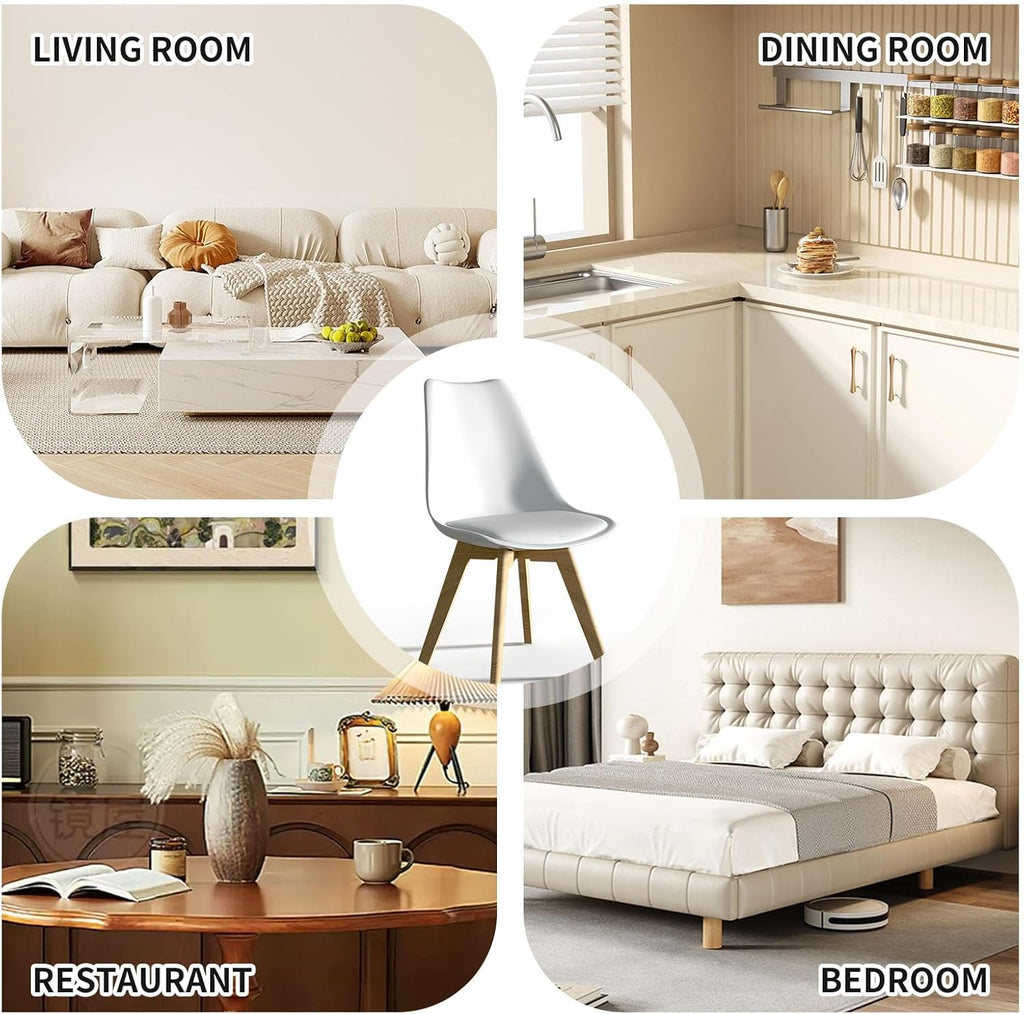 SHGJ&SOFT Modern Dining Chair Set of 4, PU Leather Kitchen Chair with high Back, Tulip Chair with Solid Wood Legs with Cushion and Back Cushion for Living Room Bedroom Dining Room (White, 4 PC)