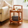 Side Table with Wheels, Mid Century Modern Rolling End Table, Solid Wood Round End Table with Detachable Tray, Small Accent Table, Movable Coffee Table Cart(Natural)