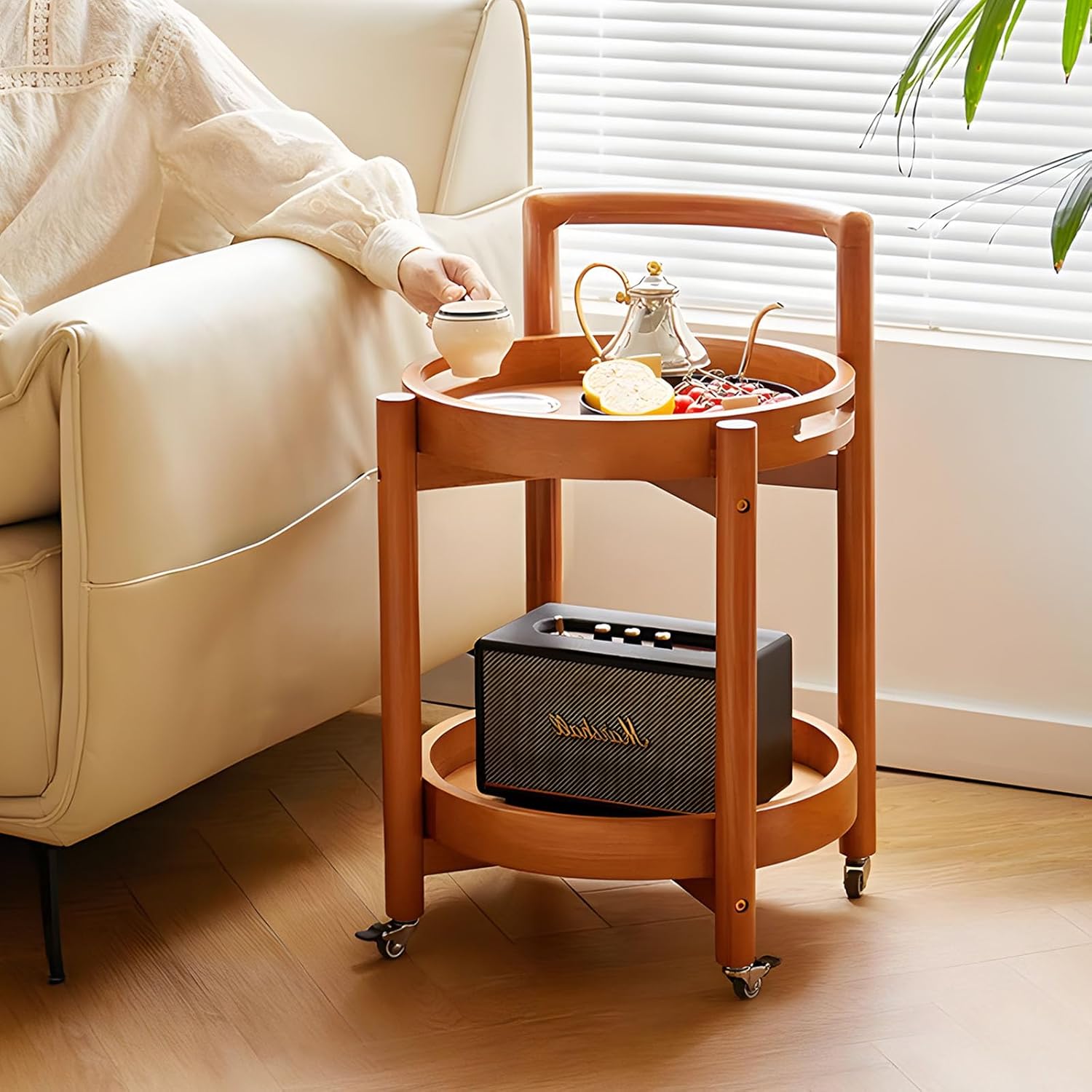 Side Table with Wheels, Mid Century Modern Rolling End Table, Solid Wood Round End Table with Detachable Tray, Small Accent Table, Movable Coffee Table Cart(Natural)