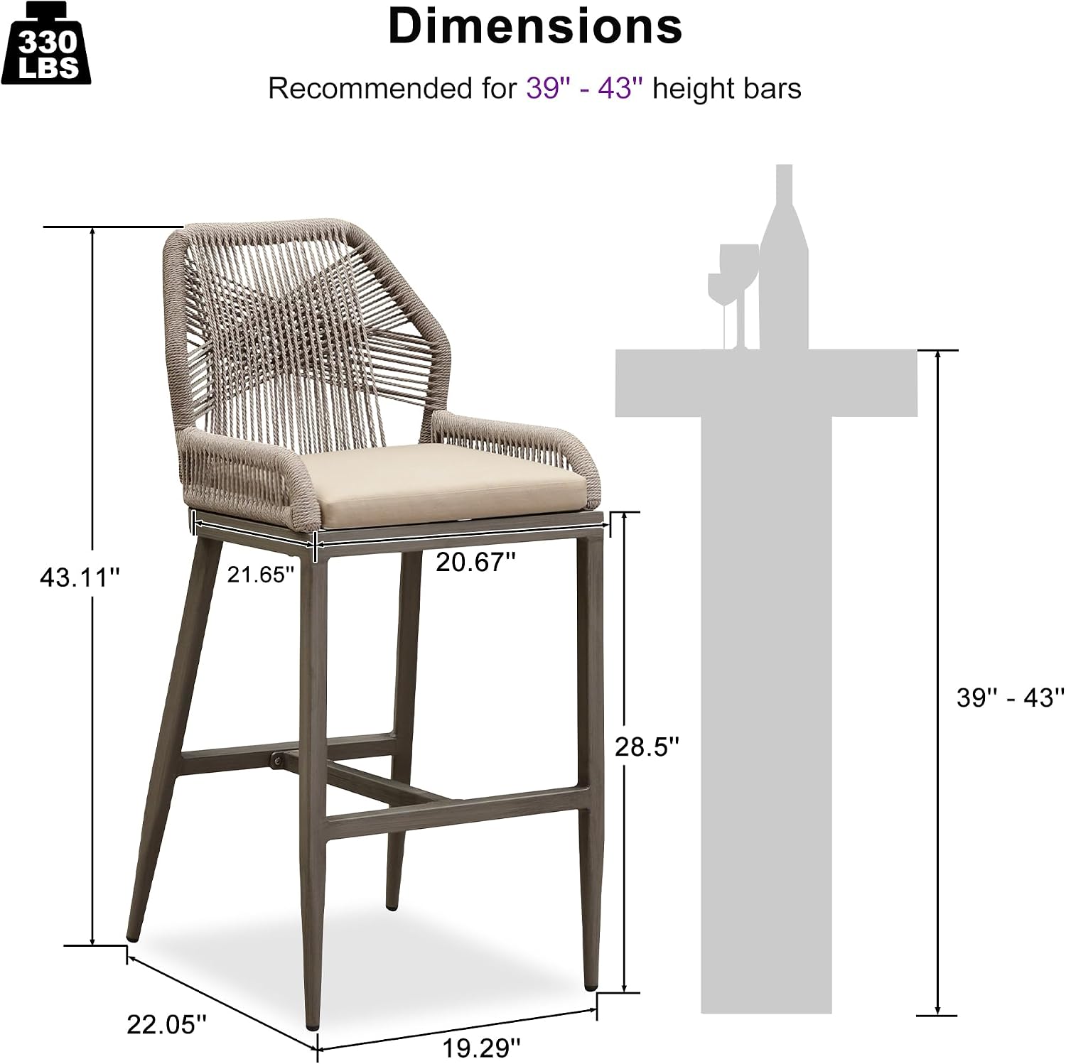 PURPLE LEAF Patio Bar Stools 28" H Set of 4 Handwoven Wicker Bar Height Stool Modern Aluminum High Bar Chairs Outdoor Wicker Barstools with Back and Khaki Cushion for Kitchen Pool Island