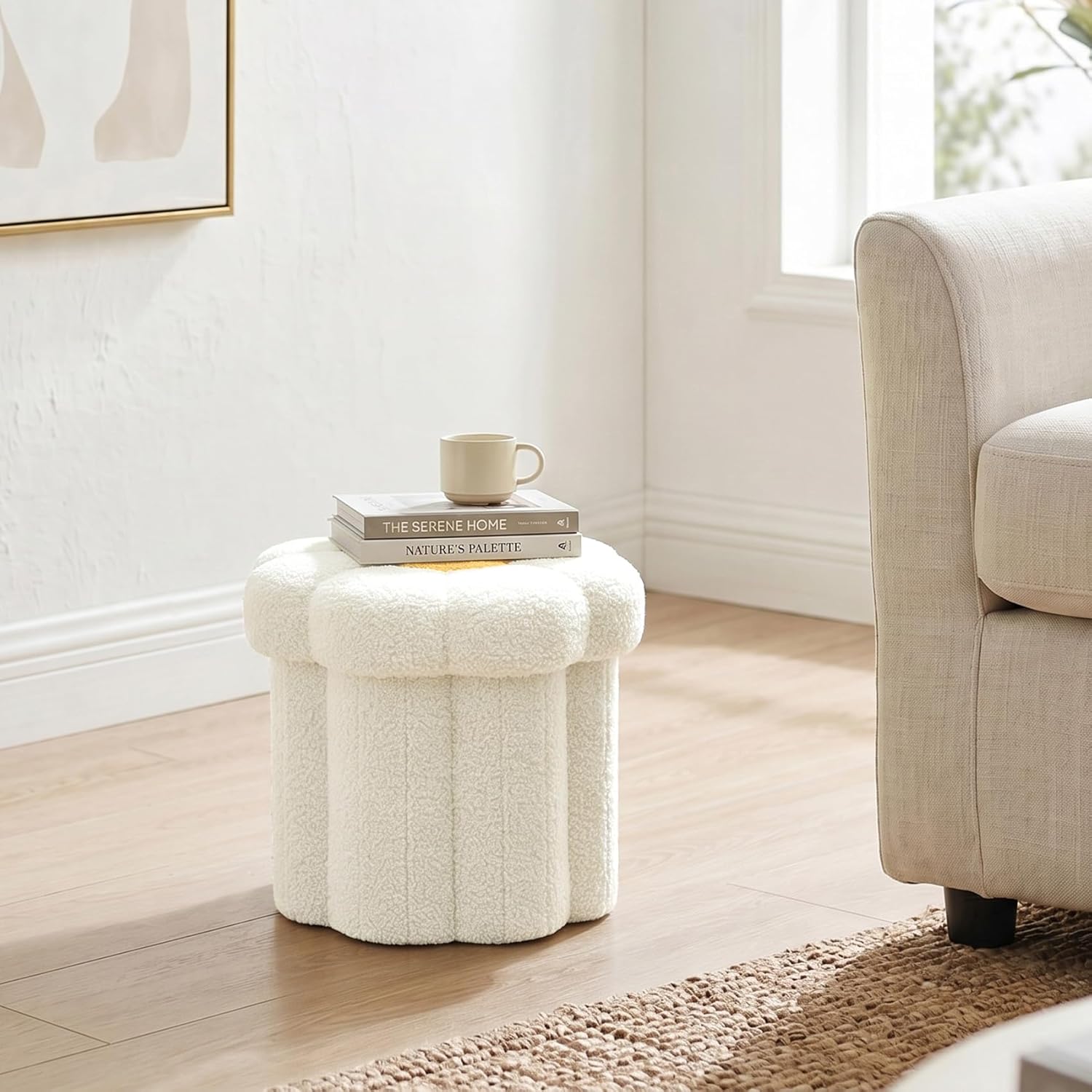 Flower Boucle Storage Ottoman, 12.6" Small Footstool with Padded Seat, Folding Sherpa Foot Rest for Sofa, Floral Accent Side Table for Living Room, Bedroom, Dorm, White