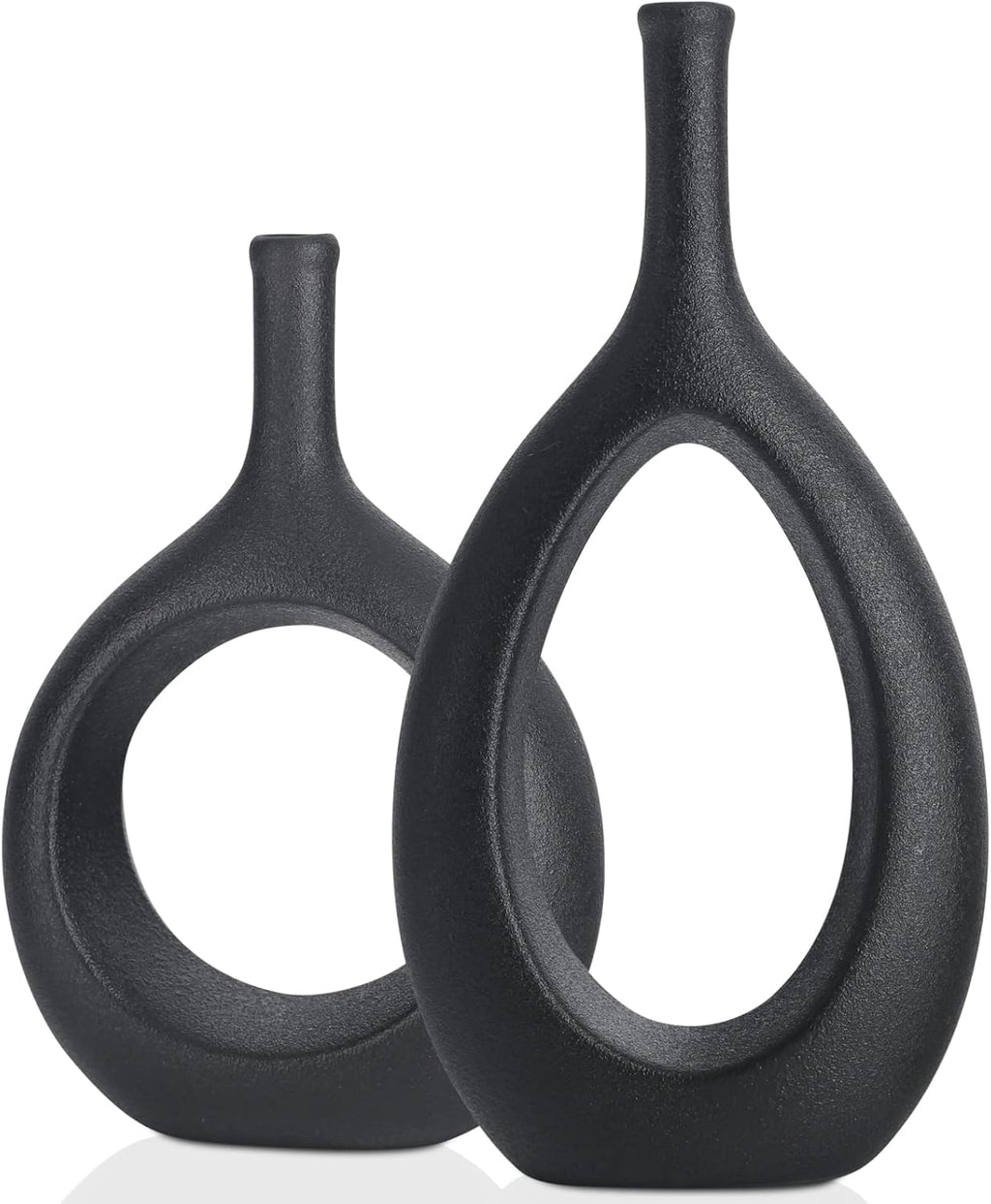 Black Ceramic Hollow Elliptical Vase Set of 2 - Boho Circle Vase with Hole, for Modern Black Table Decor, Living Room Decor Shelf mid Century Modern Home Entrance Decorative vase