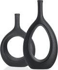Black Ceramic Hollow Elliptical Vase Set of 2 - Boho Circle Vase with Hole, for Modern Black Table Decor, Living Room Decor Shelf mid Century Modern Home Entrance Decorative vase