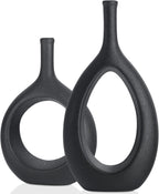 Black Ceramic Hollow Elliptical Vase Set of 2 - Boho Circle Vase with Hole, for Modern Black Table Decor, Living Room Decor Shelf mid Century Modern Home Entrance Decorative vase