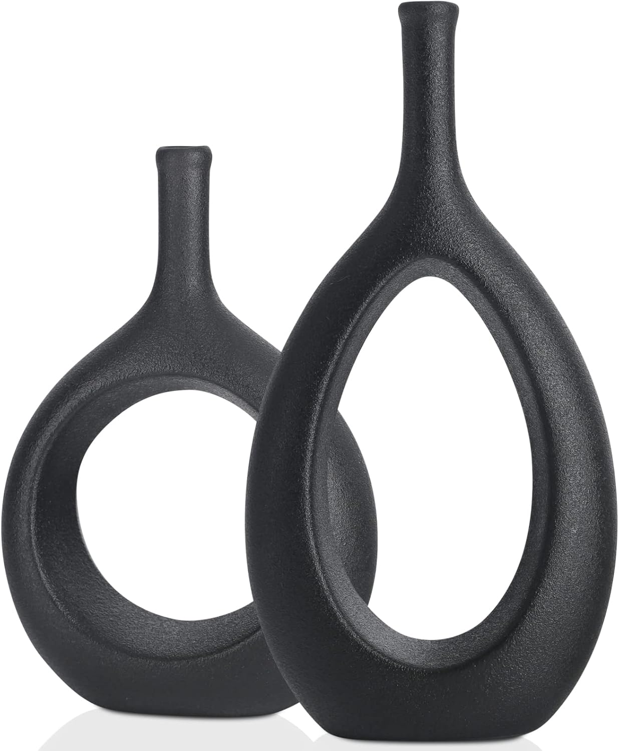 Black Ceramic Hollow Elliptical Vase Set of 2 - Boho Circle Vase with Hole, for Modern Black Table Decor, Living Room Decor Shelf mid Century Modern Home Entrance Decorative vase