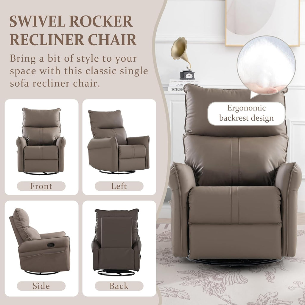 Swivel Rocker Recliner Chair, Upholstered 360° Fabric Leather Glider Rocker Chair for Nursery, Manual Small Recliners for Small Spaces Living Room Weight Capacity 300lbs