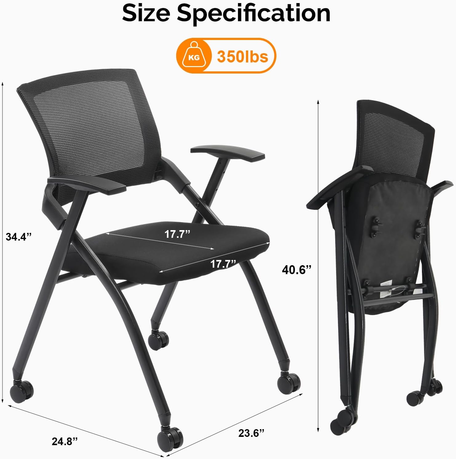 Stackable Conference Room Chair with Wheels, Folding Office Chair with Rebound Back & Padded Seat, 350 lb Capacity, Black – Ideal for Training, Guest, Reception & Event Seating