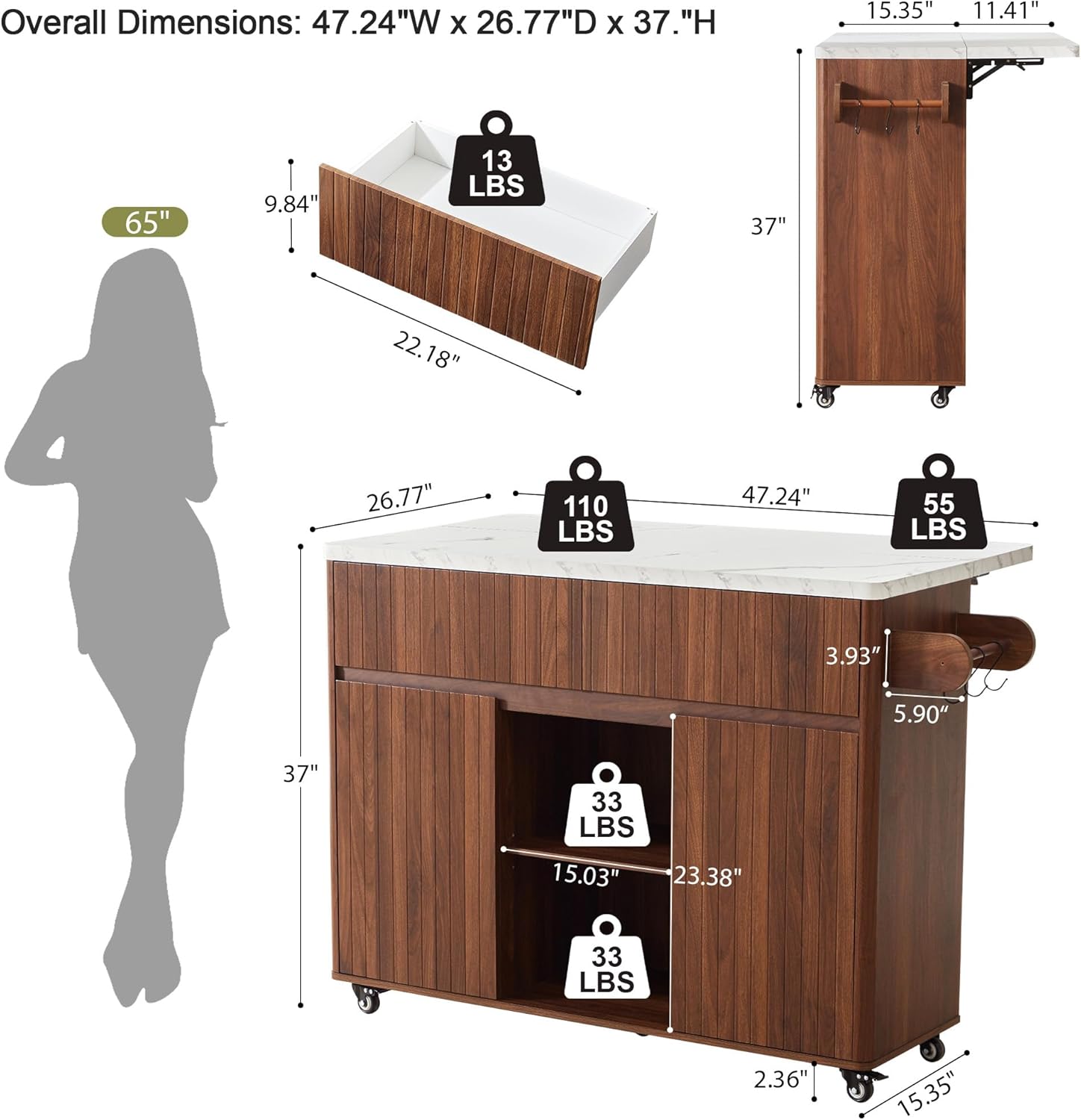 weselon 47" Mobile Kitchen Island with Storage & Drop Leaf, Rolling Kitchen Cart on Wheels with 2 Drawers, Adjustable Shelves, Towel Rack & Hooks, Faux Marble Top Island Table for Kitchen (Walnut)