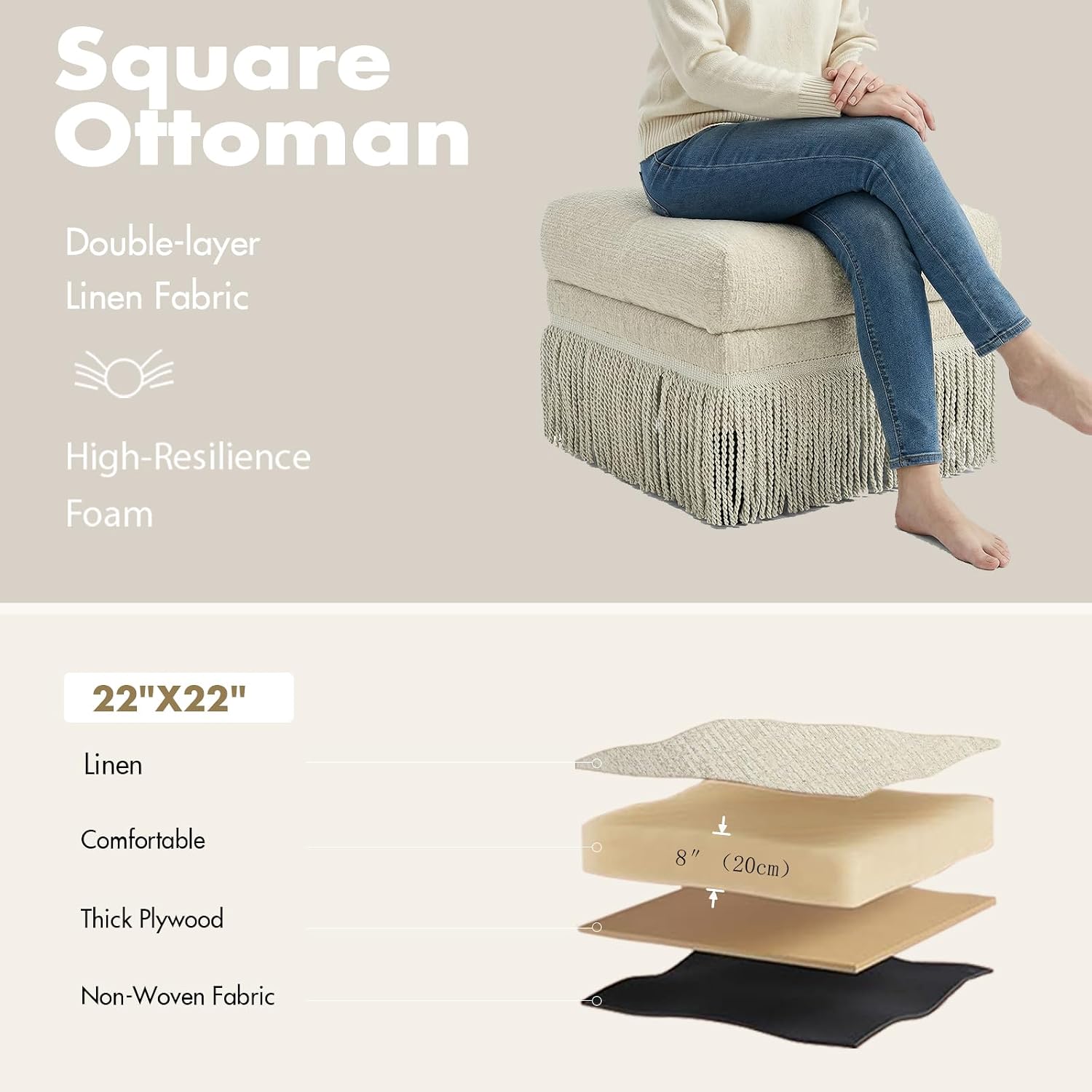 Hyfirm 22 Inch Square Beige Ottoman with Fringe for Living Room, Plush Modern Boho Upholstered Accent Pouf Ottomans Foot Rest for Bedroom, Footstool Ottoman End of Bed