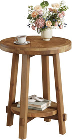 Solid Wood Side Table for Living Room, Small Round End Table with 2-Tier Storage, Farmhouse Wooden Circle Bedside Nightstand for Small Spaces, Bedroom, Brown