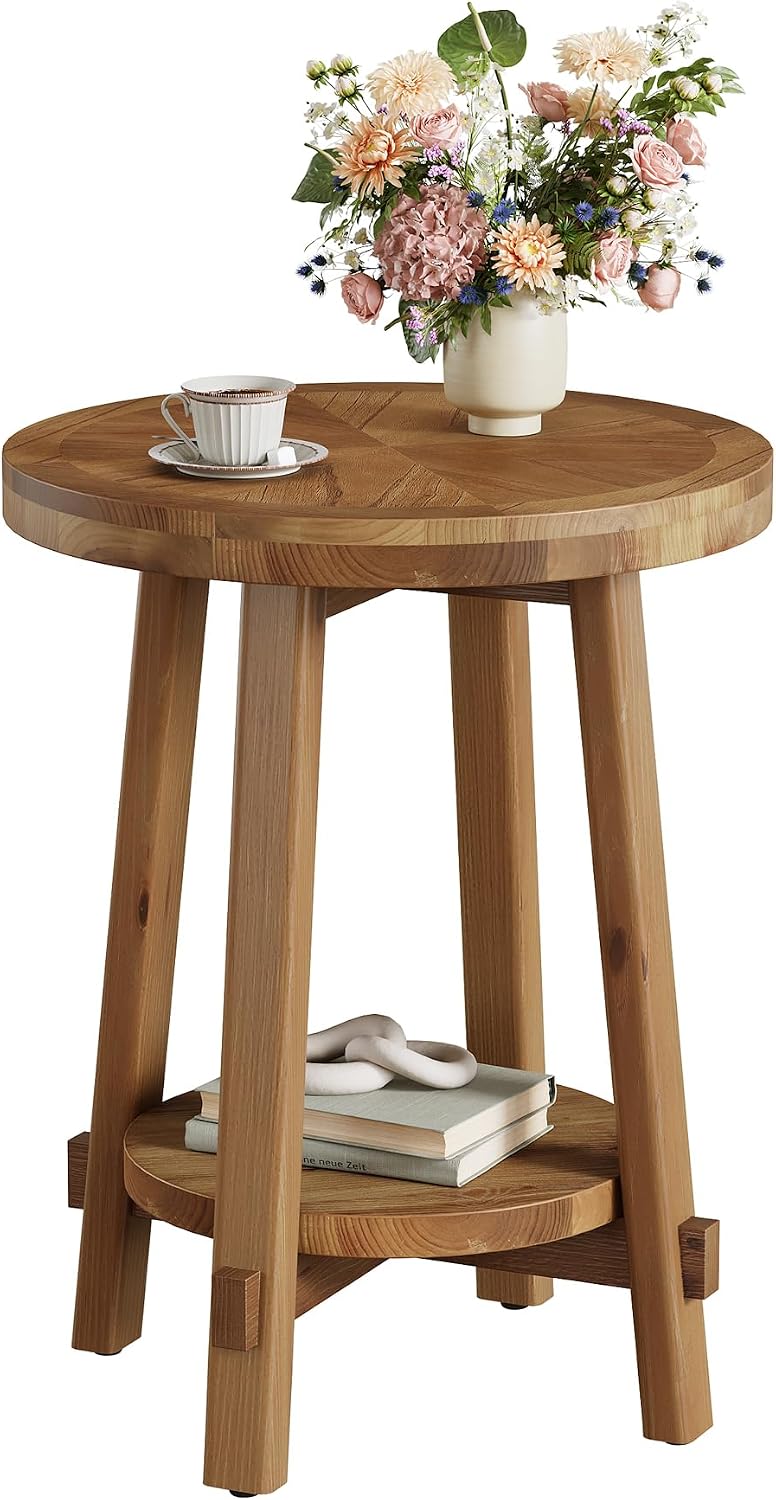 Solid Wood Side Table for Living Room, Small Round End Table with 2-Tier Storage, Farmhouse Wooden Circle Bedside Nightstand for Small Spaces, Bedroom, Brown