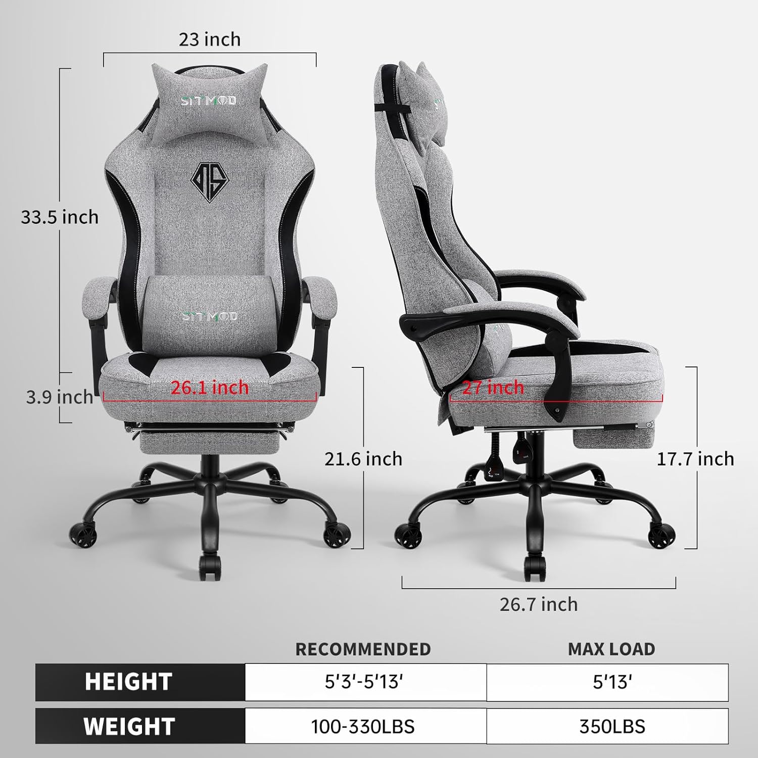 Gaming Chair, Computer Office Chair with Foot Rest, Ergonomic Fabric Desk Chair with Adjustable Lumbar Support & Headrest, Comfortable PC Reclining Gaming Chairs for Adults, Silla Gamer 350lbs