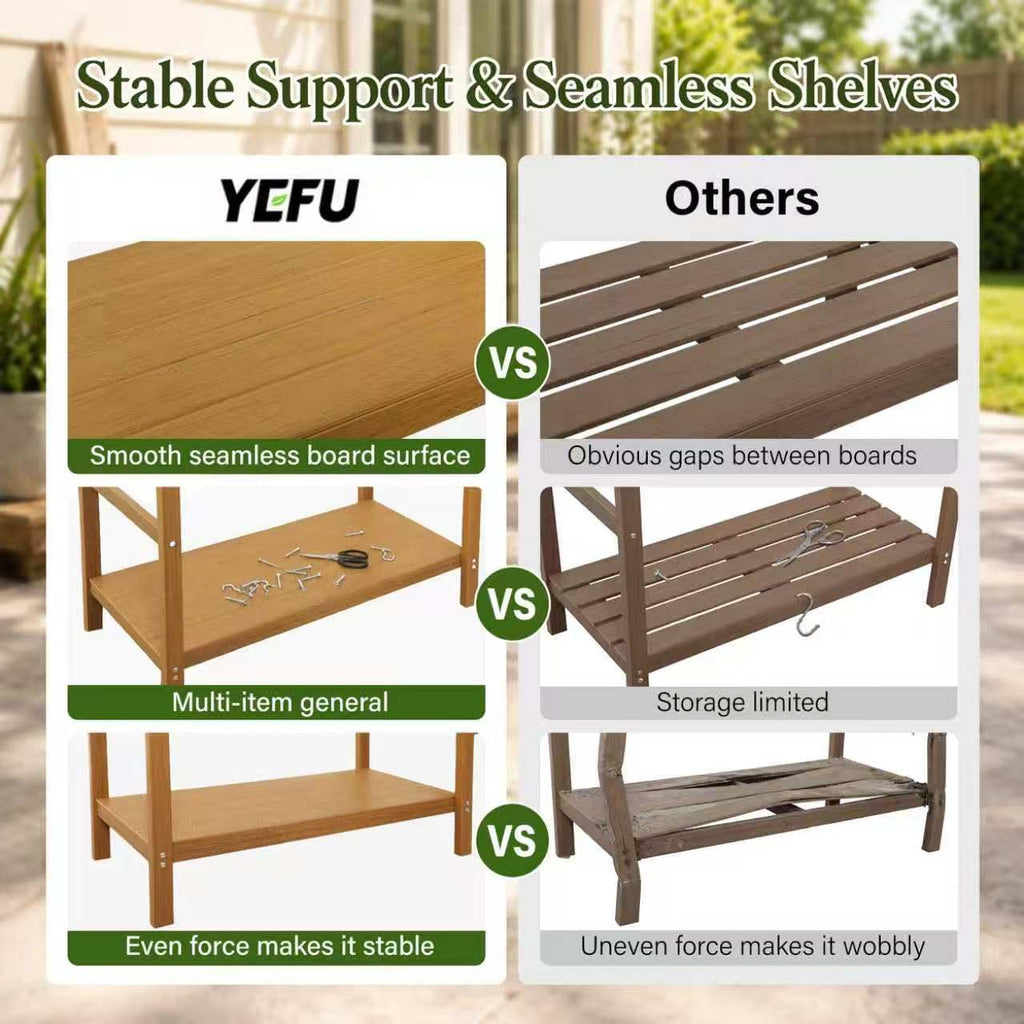 YEFU Outdoor Potting Bench with Storage: 3-Tier HIPS Potting Table with Wide-Panel Shelf/Hooks - All-Weather Heavy Duty Gardening Table for Patio Backyard Porch Easy to Clean 420lbs Capacity (Teak)