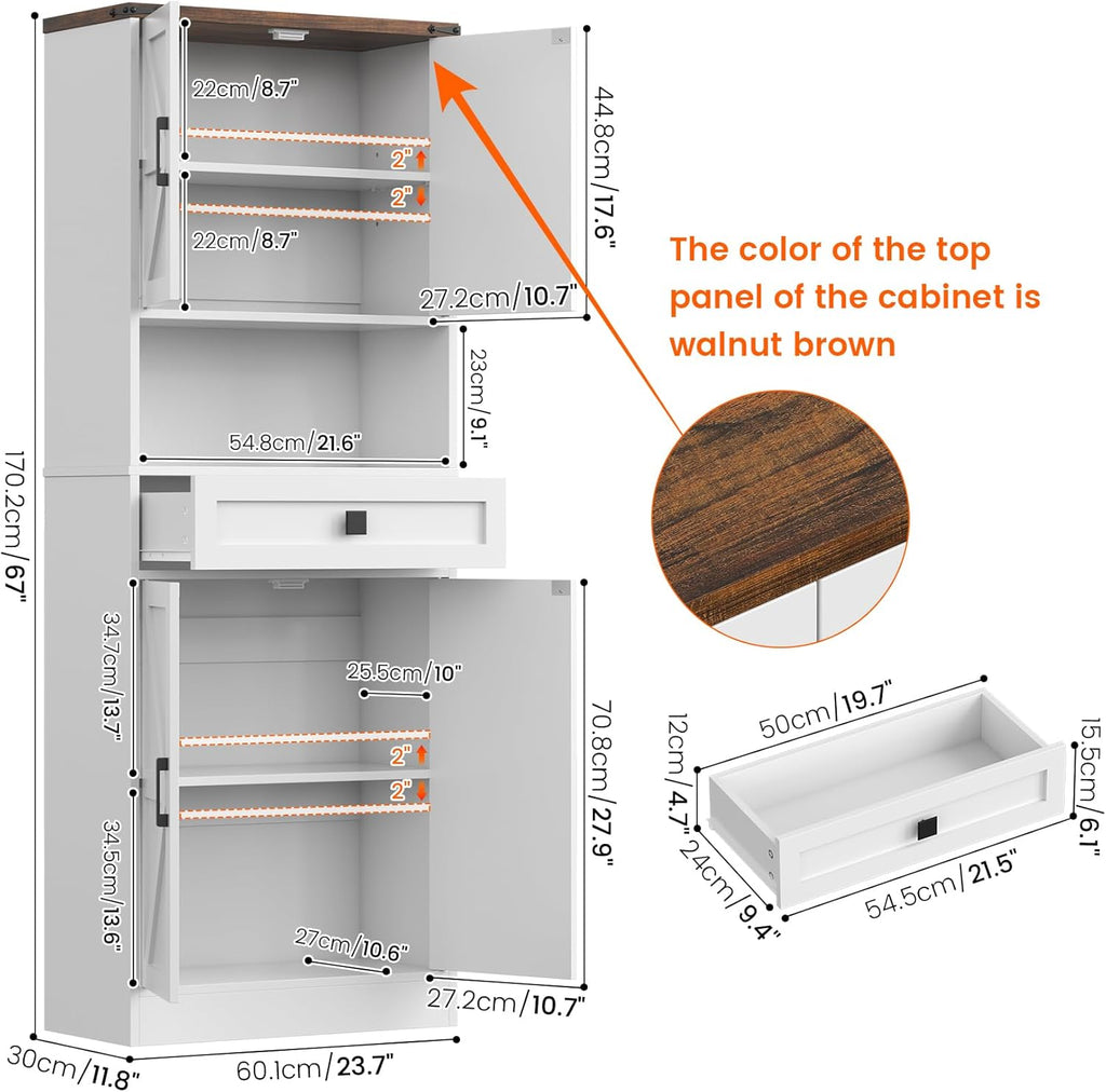 67" Tall Farmhouse Pantry Cabinet with Drawer,Small Storage Cabinet for Kitchen Bathroom Dining Room Kitchen (White, 11.8" D x 23.6" W x 67" H)