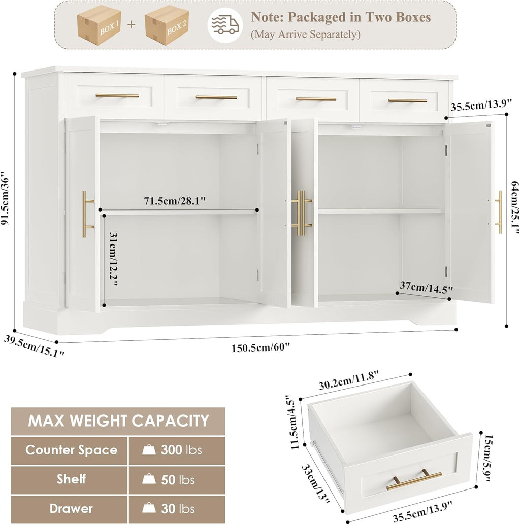 HOSTACK 60" Large Buffet Sideboard with Storage, 36" Tall Kitchen Buffet Storage Cabinet with 4 Drawers, Modern Coffee Bar Cabinet with Gold Handles, Long Sideboard Buffet Table for Kichen, White