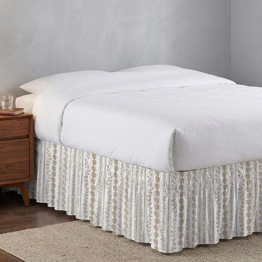 Brown Botanical Bed Skirt King Size 18 Inch Drop, Adjustable & Elastic Wrap Around Bed Skirts Pleated Luxury Dust Ruffles for Twin Full Queen Cal King Base Bed, Summer Botanical Leaf Vertical Stripes