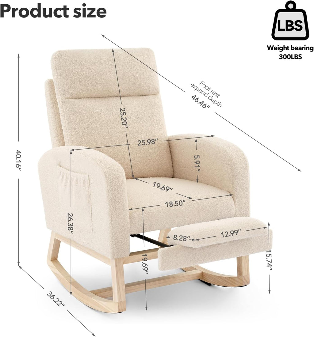GarveeLife Nursery Rocking Chair,300lb Glider Chair with Solid Wood Legs/Two Side Pockets,Teddy Upholstered Glider Rocker with Footrest High Backrest for Living Room/Bedroom/Nursery