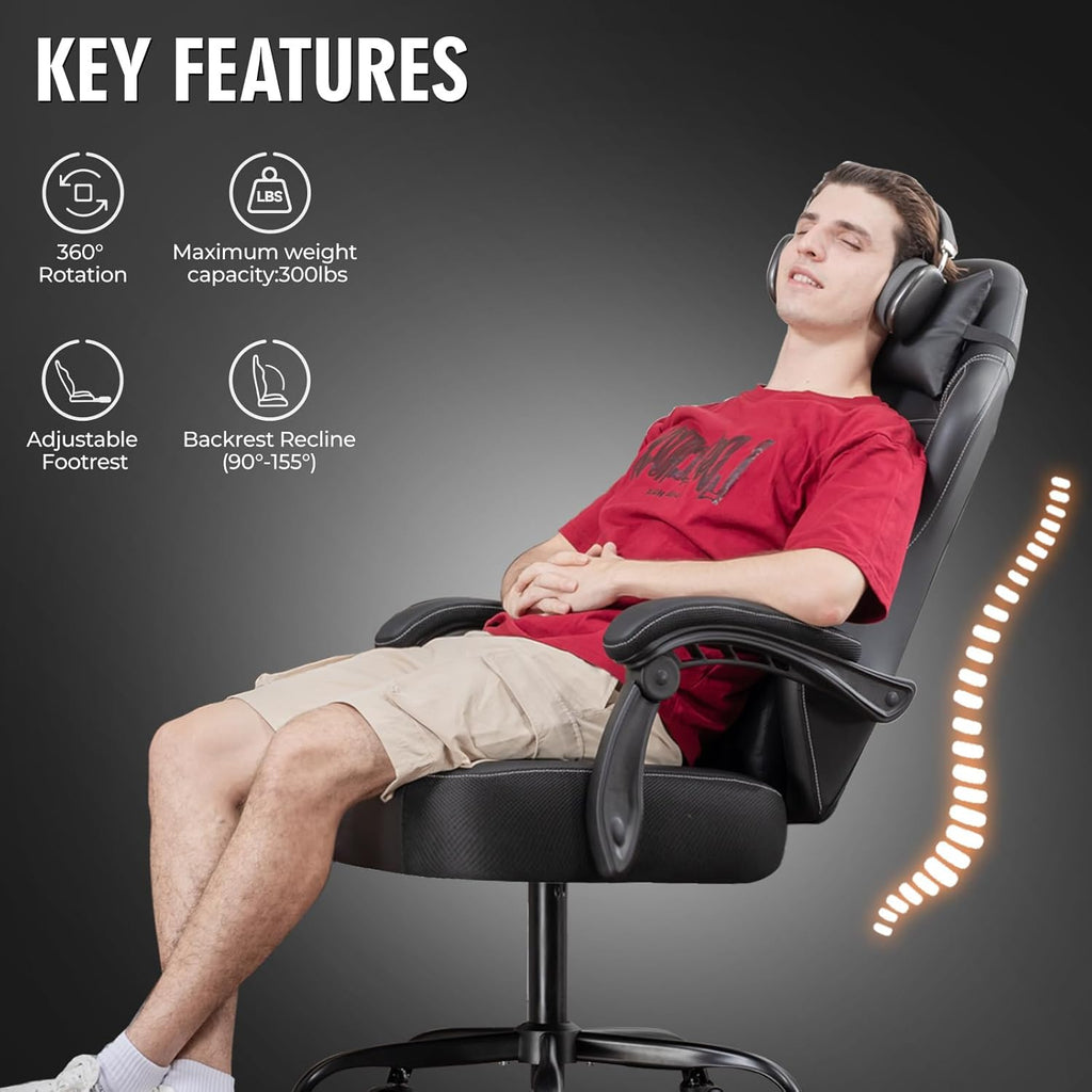 GTPLAYER Gaming Chair for Adults, Big and Tall 300LBS Heavy Duty Office Chair, Ergonomic High Back Lumbar Support and Wide Comfy Cushion with Linkage Armrests, Black Without Pedals