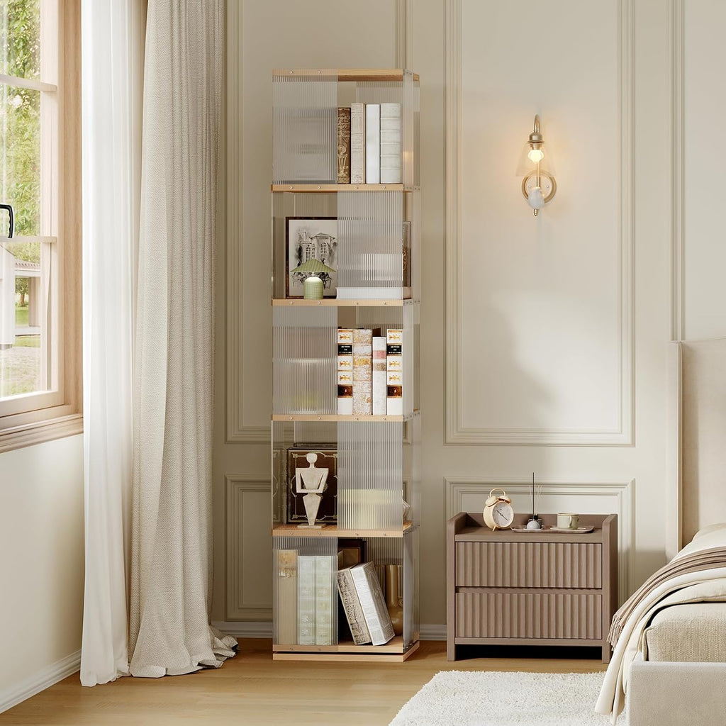 YATINEY 5-Tier Rotating Bookshelf, 360 Spinning Bookcase Tower, Corner Bookshelf with Clear Acrylic Sides, Tall Narrow Space-Saving Bookcase for Bedroom, Living Room, Office, Square, Natural SJ13WN