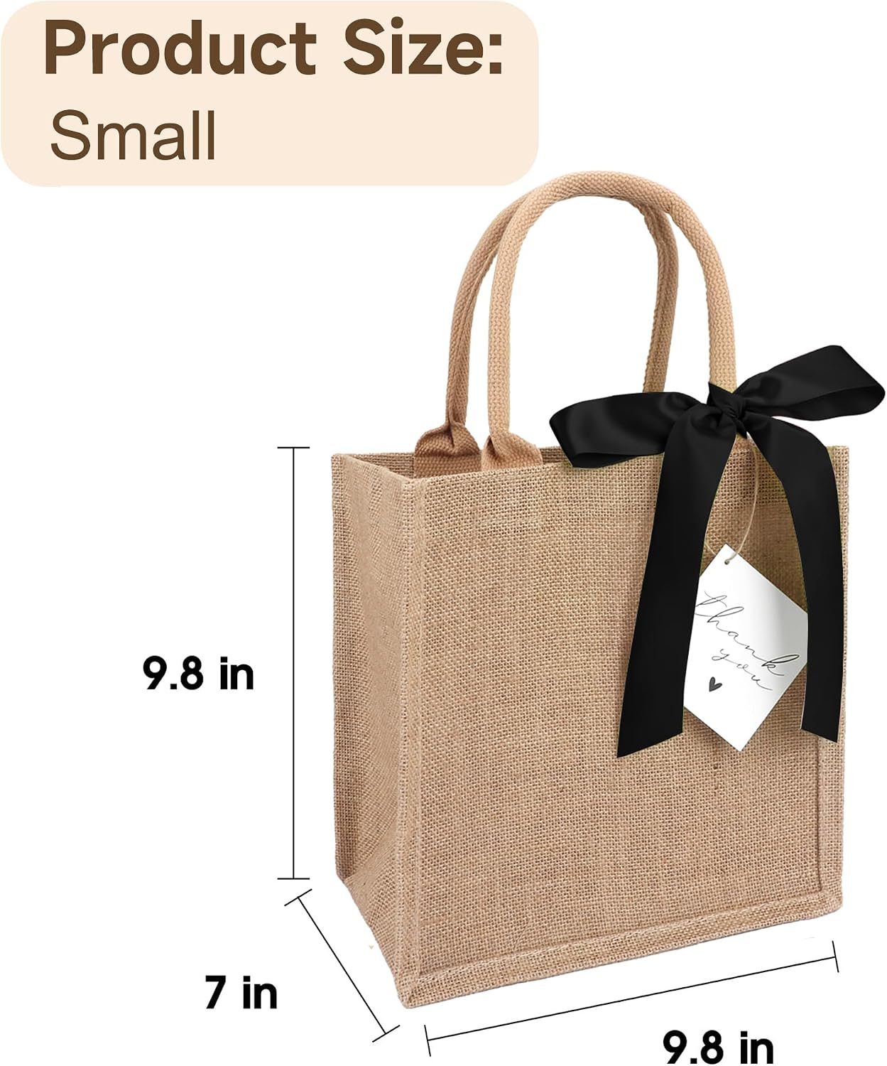 6 Pack Burlap Tote Bags with Handles Reusable Small Jute Gift Bags with Black Silk Ribbons Waterproof Lining for Wedding Bridesmaid Mother's Day Bachelorette Beach Party