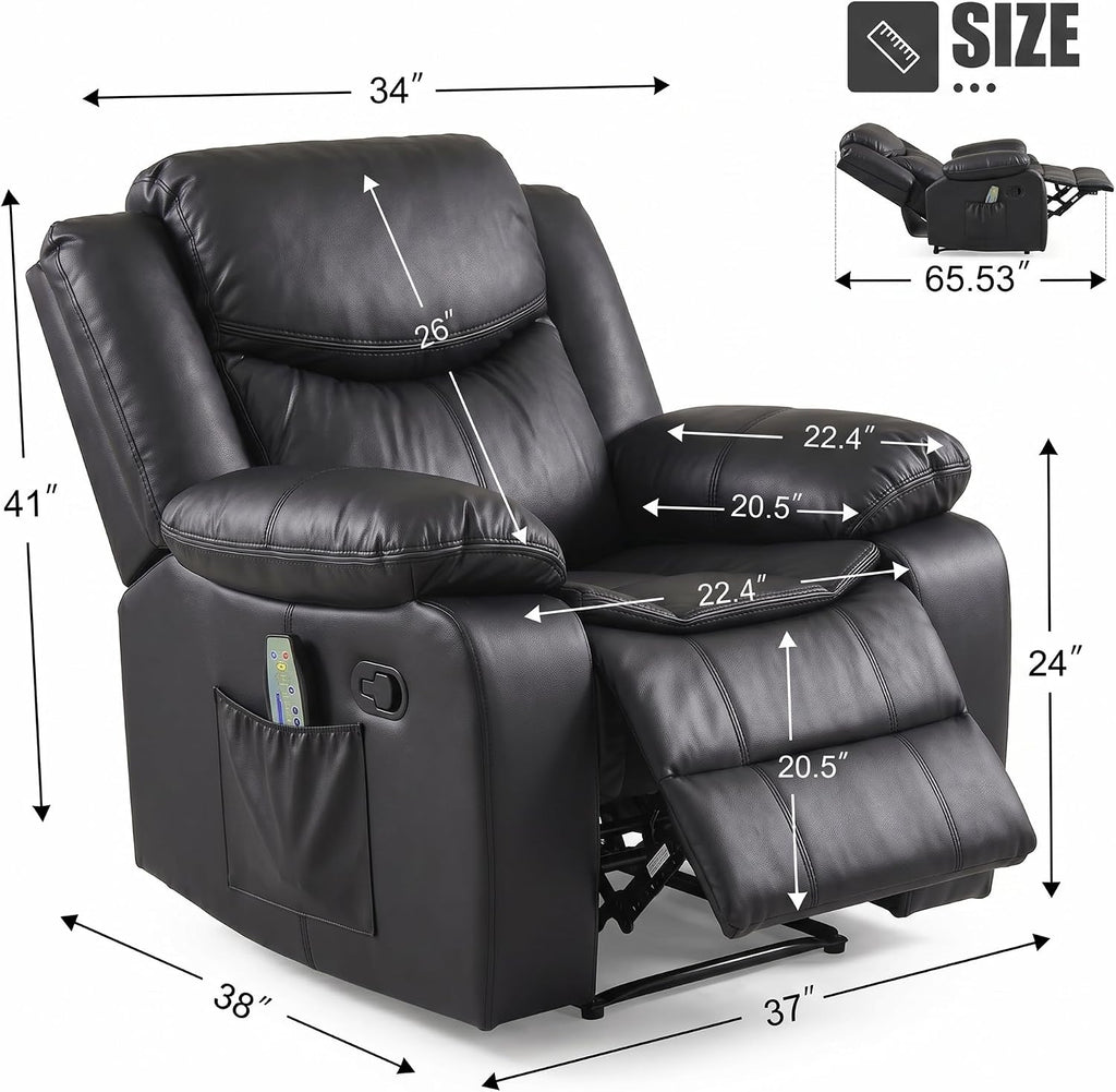 AILEEKISS Oversized Nursery Glider Recliner Rocking Chair | 90°-160° Recline Faux Leather Nursing Chair for Breastfeeding Bedroom, Massage & Heating Support，Black