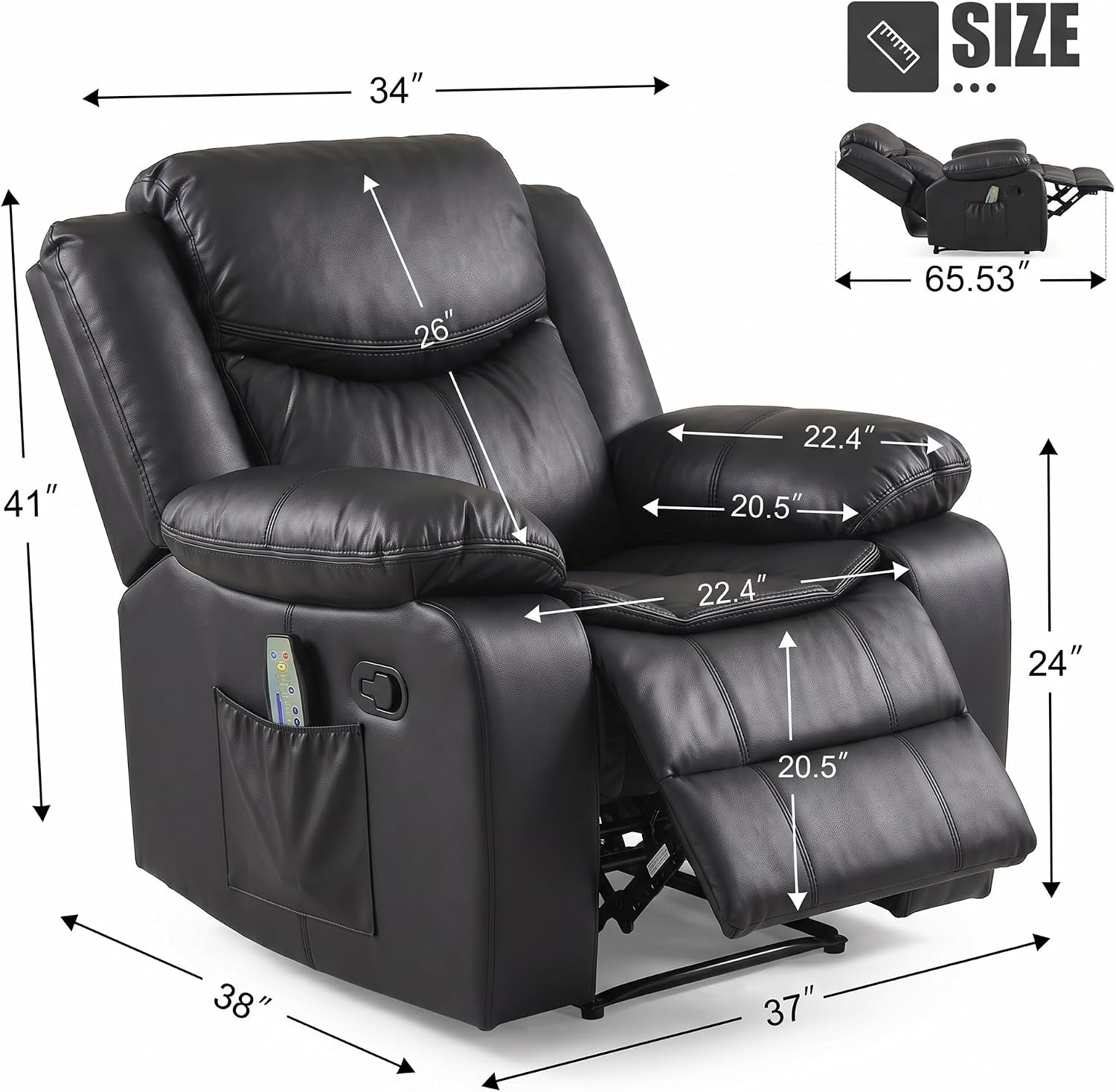 AILEEKISS Oversized Nursery Glider Recliner Rocking Chair | 90°-160° Recline Faux Leather Nursing Chair for Breastfeeding Bedroom, Massage & Heating Support，Black