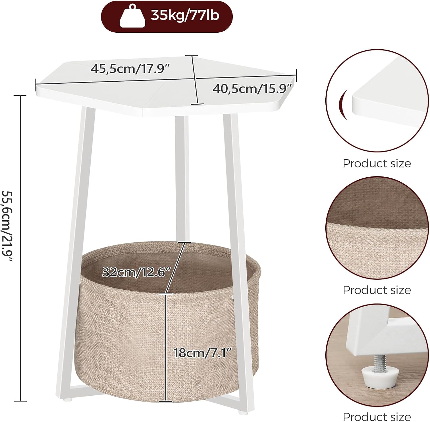 MAHANCRIS Small Side Table, Round End Table with Storage Basket, Modern Nightstand for Small Space, Hexagonal Bedside Table, Couch Side Table for Living Room, Bedroom, White ETWT9901
