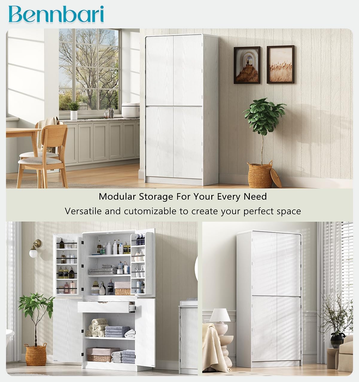 72" Tall Farmhouse Kitchen Pantry Cabinet with 8 Door Shelves, Curved Storage Cabinet with 3 Adjustable Shelves & Hidden Drawer, Versatile Cupboard for Kitchen, Dining & Bathroom (White)
