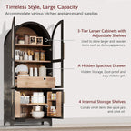 71" Tall Arched Kitchen Pantry with Door Shelves and Hidden Drawer, Arched Kitchen Storage Cabinet with Open & Adjustable Shelves, Cupboard with Glass Door, Bookshelf Bookcase (Black)