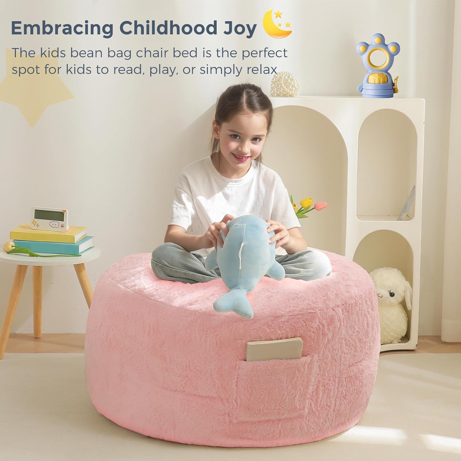 MAXYOYO Bean Bag Chair Bed for Kids, Convertible Bean Bag Folds from Lazy Chair to Floor Bed, Stuffed Floor Sofa Couch Sofa Bed for Boys and Girls, High-Density Foam Filling, Pink