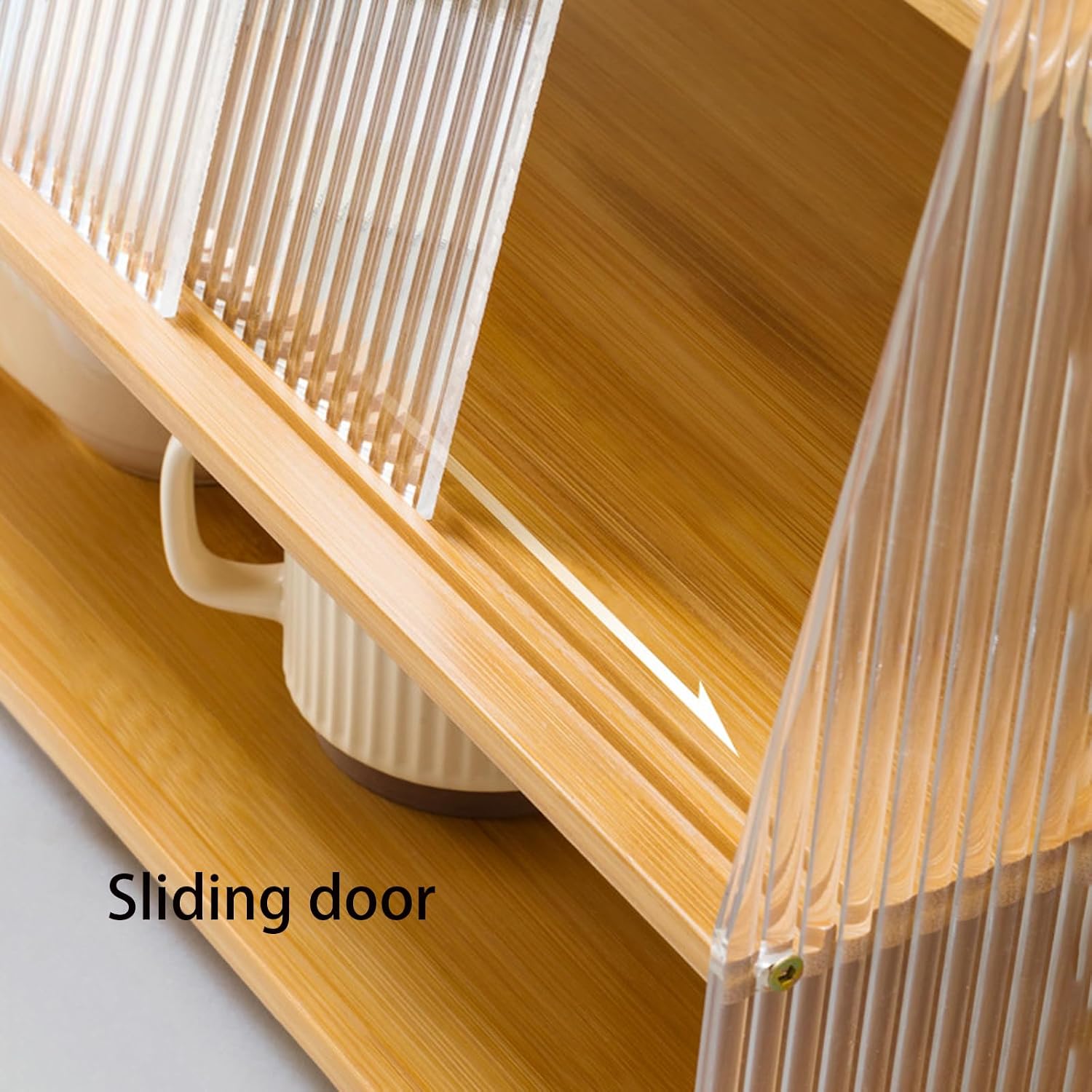 Kitchen Pantry Storage Cabinet, Trapezoidal Countertop Cabinet with Shelves and Striped Acrylic Door for Kitchen Countertops, Coffee Bars, for Syrup, Cups, Stirrer (C)