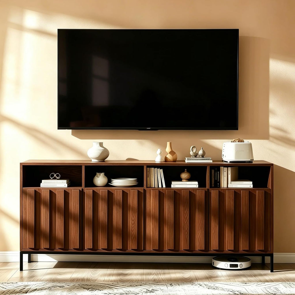 COCO DESIGN 70" Large Buffet Sideboard Cabinet with Power Outlets & Adjustable Shelves, Modern Farmhouse Accent Storage Credenza Console for Kitchen, Living Room, Walnut