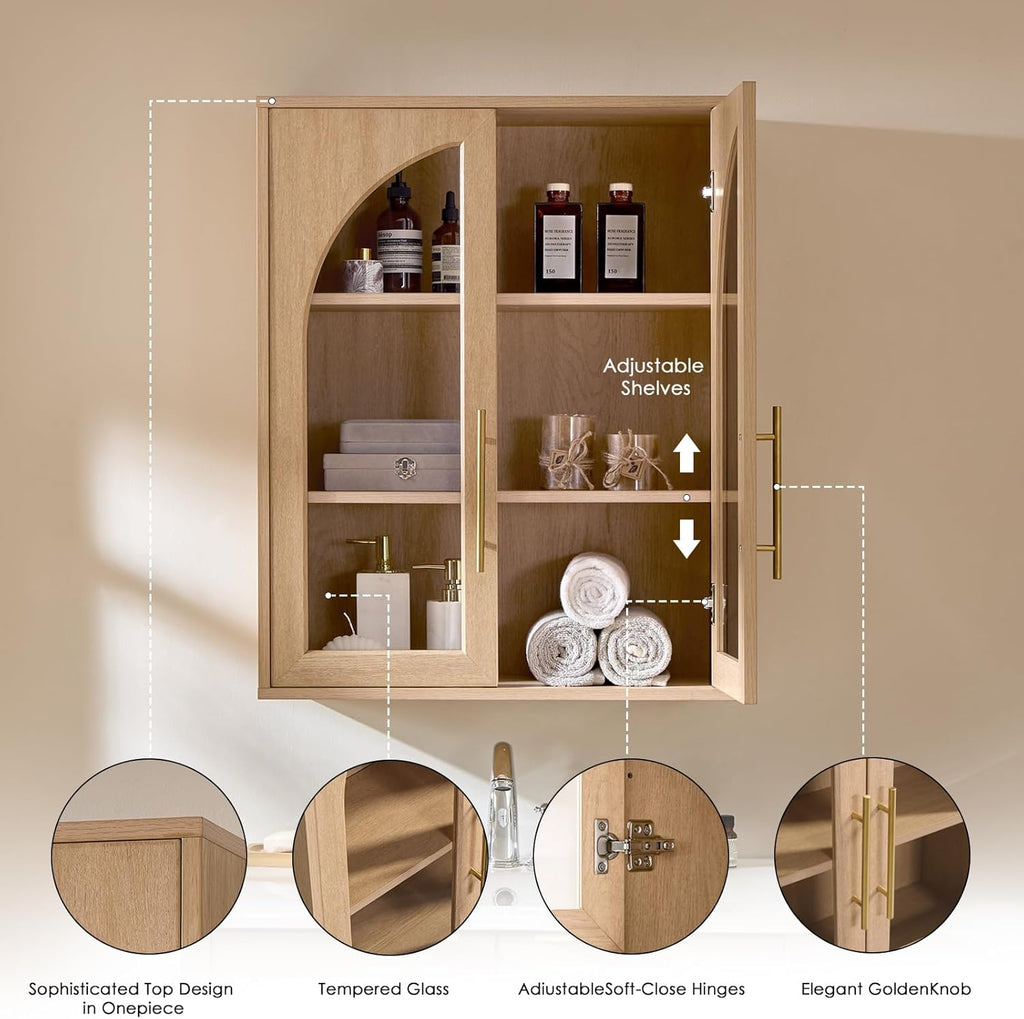 Bathroom Wall Cabinet, 23.5×31.4'' Storage Cabinet, Arched Cabinet Wall Mount with Adjustable Shelf & Glass Doors, Medicine Cabinet for Laundry Room, Bathroom, Kitchen, Living Room,Natural Oak