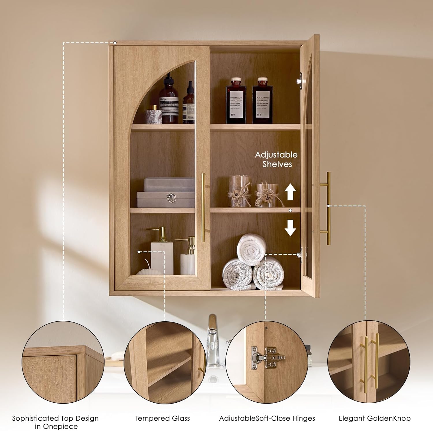 Bathroom Wall Cabinet, 23.5×31.4'' Storage Cabinet, Arched Cabinet Wall Mount with Adjustable Shelf & Glass Doors, Medicine Cabinet for Laundry Room, Bathroom, Kitchen, Living Room,Natural Oak