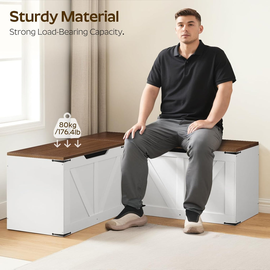 YATINEY L-Shaped Storage Bench, Storage Toy Chest with Hidden Compartments, Breakfast Nook Bench for Corner Spaces, Kitchen, Dining Room, Cloakroom, Walnut and White CW01WH