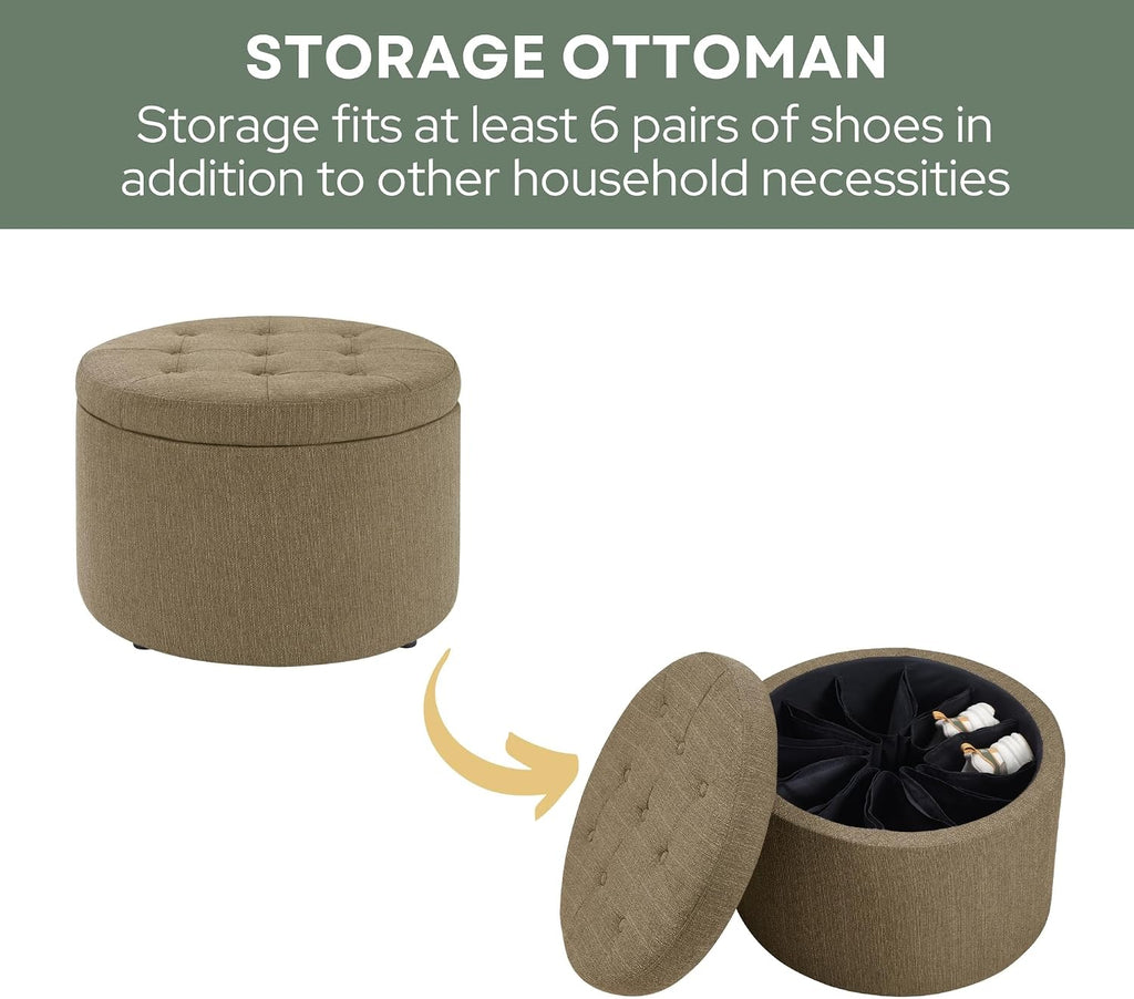 Convenience Concepts Designs4Comfort Round Shoe Ottoman 22" - Upholstered Footstool, Small Table, & Seat with Storage Compartment for Living Room, Entryway, Bedroom, Sandstone Fabric