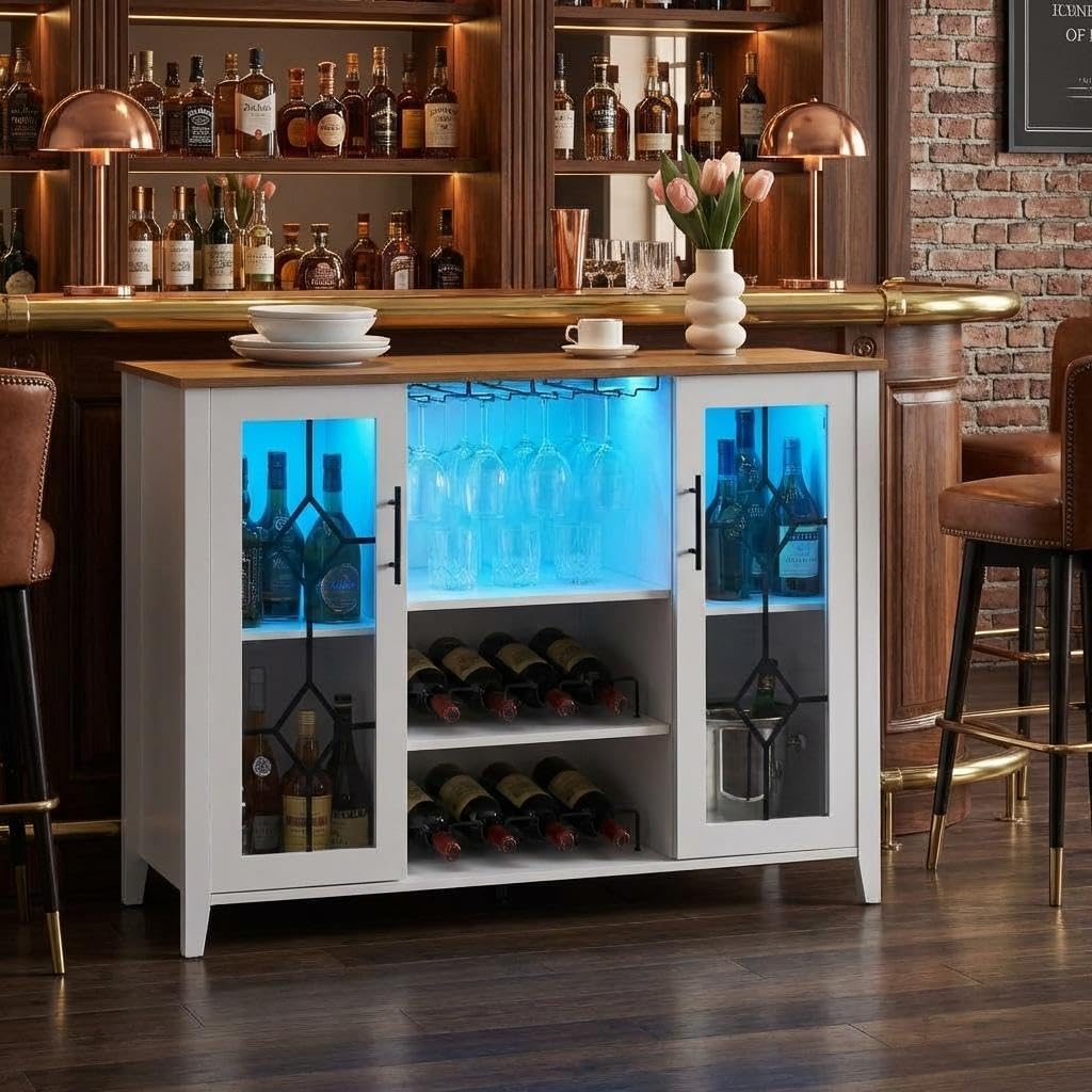 GarveeHome Wine Bar Cabinet with LED Light, Home Coffee Cabinet with Wine and Glass Rack, Kitchen Buffet Sideboard with Storage, Liquor Cabinet for Bar, Dining Room, Kitchen,White