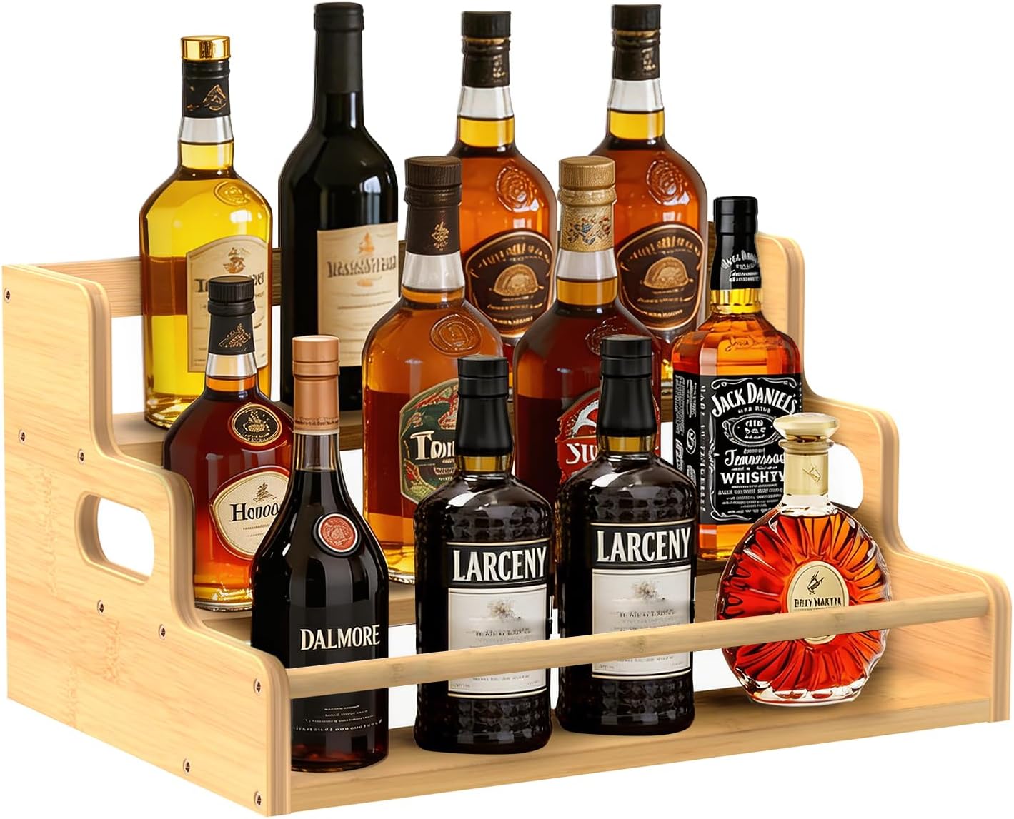 Bamboo Liquor Bottle Display Shelf, 3 Step Countertop Wine Rack, Bar Bottle Stand with Handles & Guardrail, Retro Mini Display Rack for Syrup, Wine, Dressing, Home Kitchen Cafe, Natural