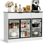 Buffet Cabinet with Drawers, Buffet Storage Cabinet with Transparent Glass Doors, Kitchen Supplies Storage Cabinet, Wooden Coffee Bar Table for Dining Room,Living Room Entrance, White